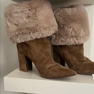 Nine West Tan Suede Fur-Trimmed Heeled Boots